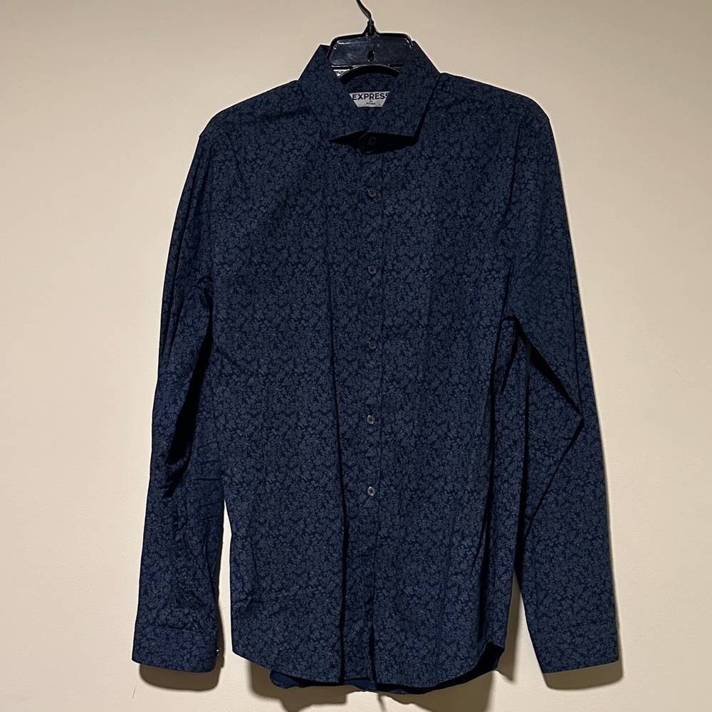 Express Men's Dark Blue Patterned Shirt